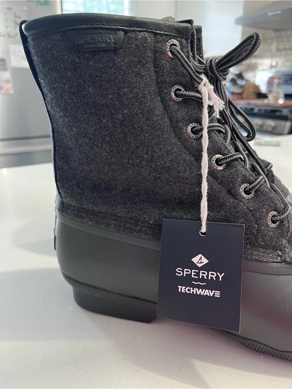 Sperry Men’s dark grey wool & black rubber Saltwater duck boots, size 11
